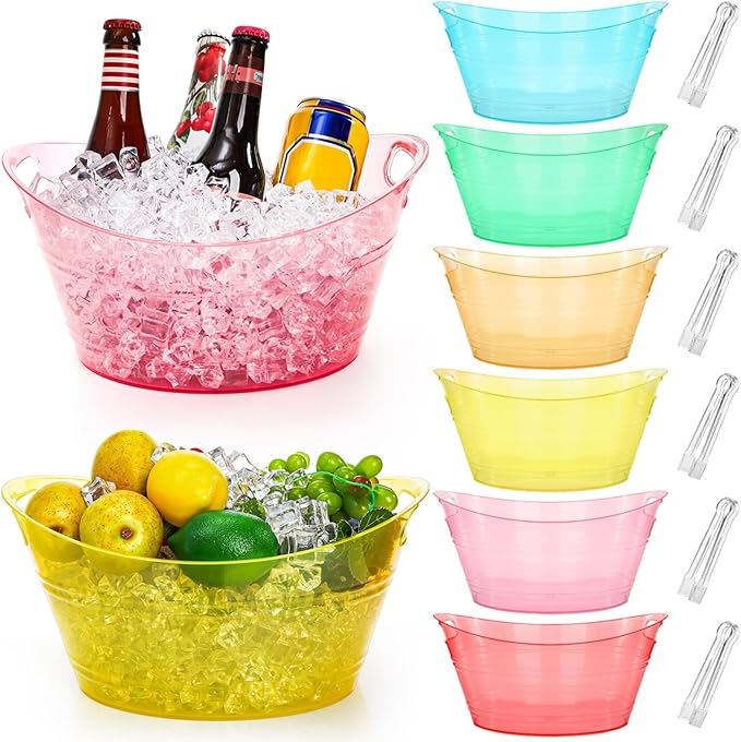ZAVOOS 6 Pack Plastic Ice Bucket, 4.5 Liter Small Champagne Bucket with Tongs Handle, Colorful Oval Storage Tub Drink Buck...