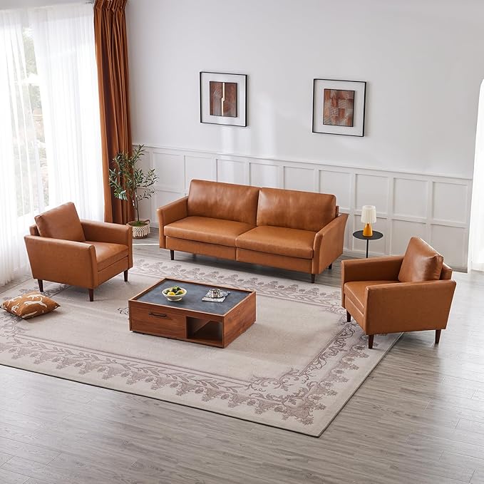 Kingfun Living Room Furniture Sets, 3 Seater Sofa, Armcahir and Armcahir, Mid Century Modern Sofa Set, Faux Leather Couch with Solid Wood Frame for Living Room & Bedroom, Mid Brown