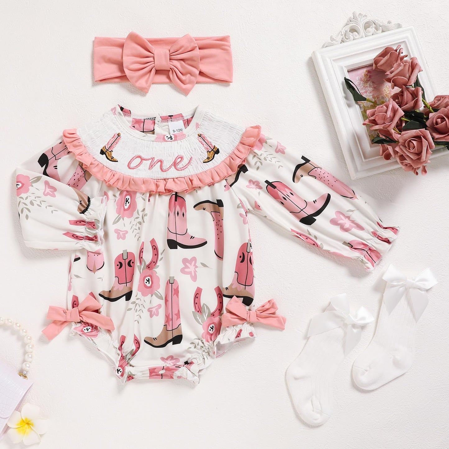 GRNSHTS Baby Girl 1st Birthday Outfits One Year Old Boots Floral Romper Embroidery Bodysuit Cake Smash Clothes(Flesh Pink,12-18M)