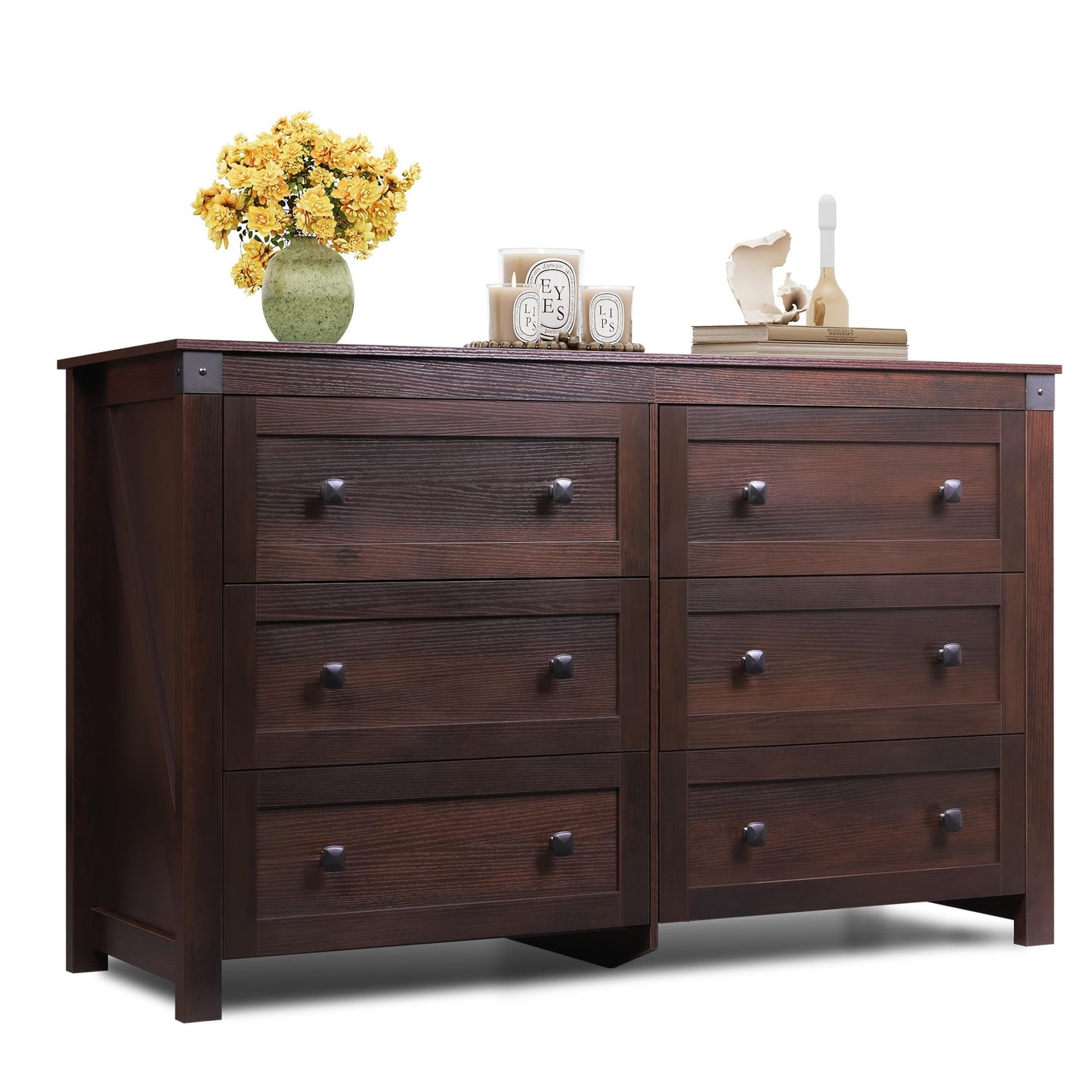 WLIVE Farmhouse 6 Drawer Dresser for Bedroom, 53.07'' Wide Wood Dresser, Storage Organizer with Double Rustic Handle, TV Stand for 60 inch TV, Chest of Drawers for Living Room, Hallway, Brown