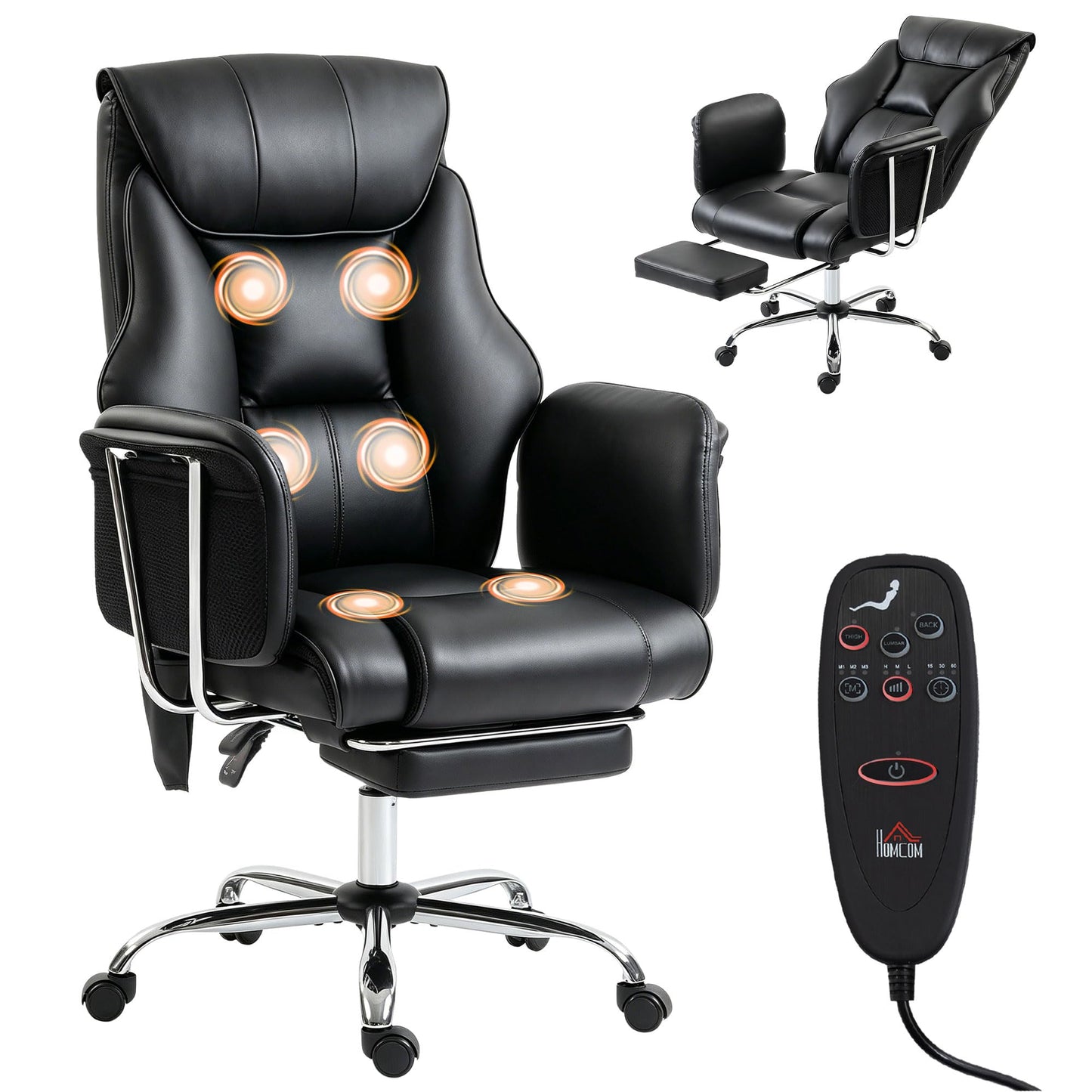 HOMCOM Massage Office Chair with 6-Point Vibration, Overstuffed Reclining Desk Chair with High Back, PU Leather, Footrest, Thick Spring Cushion, Lumbar Support, Adjustable Height, Swivel Wheels, Black
