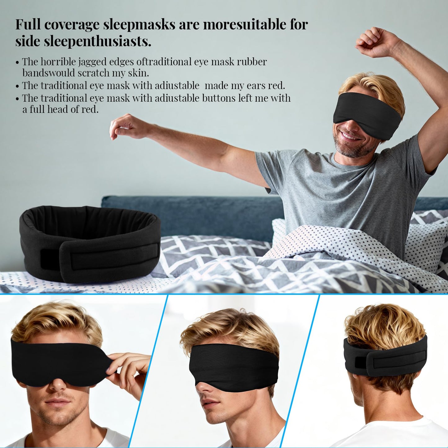 Cotton Sleep Eye Mask for Women Men, 100% Blocking Light Eye Mask Sleeping for Side Sleeper, Soft Zero Pressure Cooling Blackout Eye Covers for Sleeping, Sleep Mask fits All Heads Adjustable（Black）