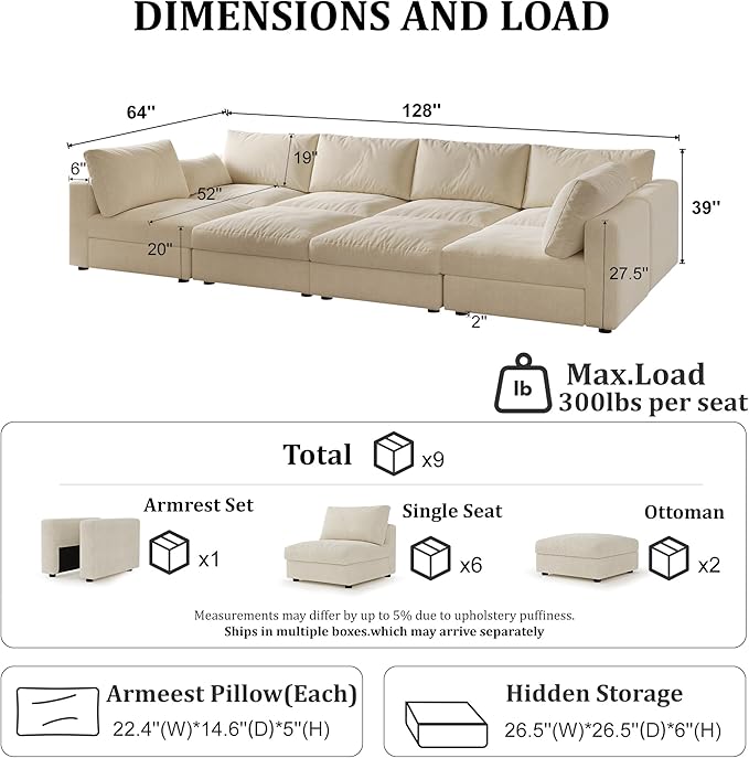 Cloud Modular Sectional Sleeper Sofa with Storage Ottoman, 128" Oversized Sectional Couches for Living Room, Cloud Modular Sleeper Sofa with Chaise, 8 Seater, Chenille, Beige