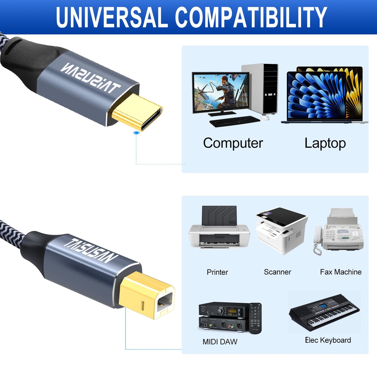 Taisusan Usb C Printer Cable 20Ft, Compatible With Keyboard, Macbook Pro/Air, Printers And Scanners - Usb B To C Midi Cable