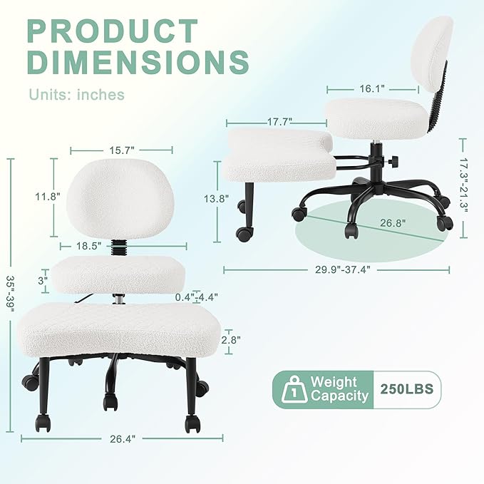 GUNJI Ergonomic Criss Cross Legged Office Chair, 360° Swivel Meditation Kneeling Chair with Wheels, ADHD Chair with Footrest, Lumbar Support, Wider Height Adjustable Seat (Teddy Fleece, White)