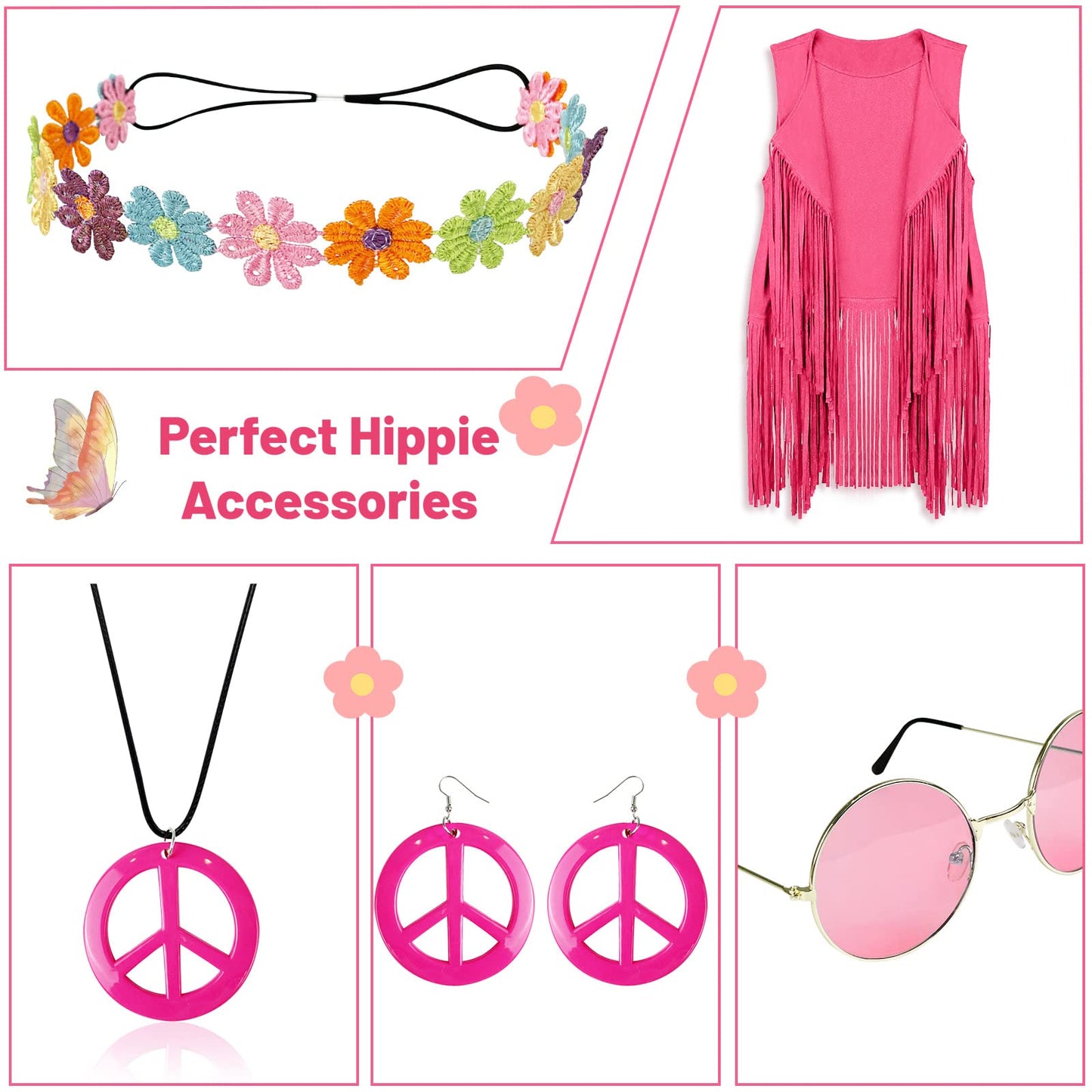 FunMular 60s 70s Outfits for Women Hippie Costume Set Peace Sign Earring Headband Fringe Vest Tassel Cardigan (Pink, M)