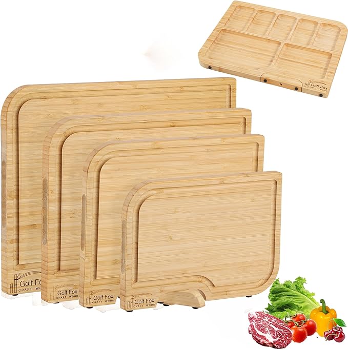 4-PCS Bamboo Cutting Board Set with Innovative Stand - Durable Double Sided Wooden Cutting Board with Juice Groove & Handl...
