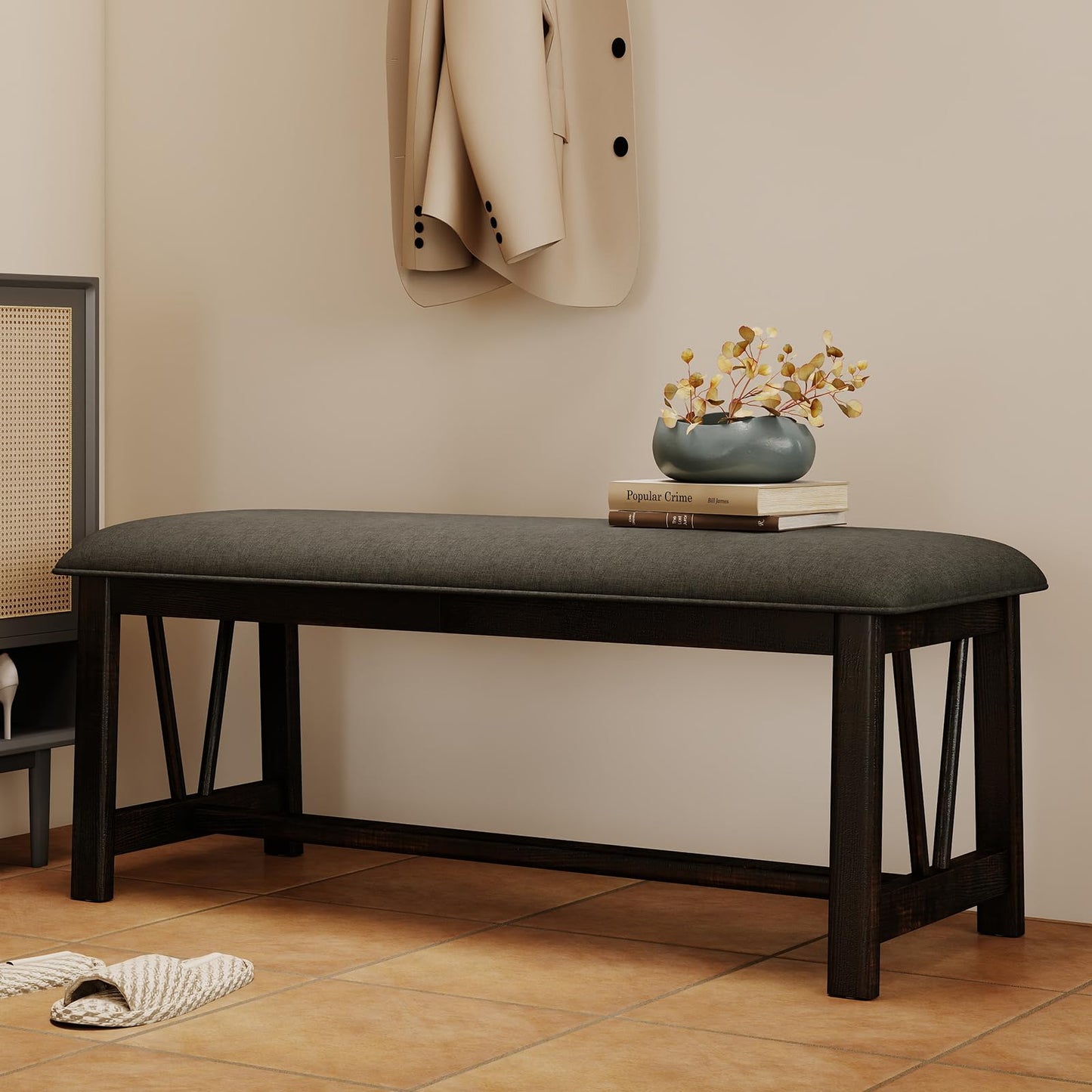 Kmax Entryway Bench, Upholstered Dining Bench with Solid Wood Legs Farmhouse Window Bench Rustic Bench Seat for Living Room Hallway Kitchen - Linen, Grey