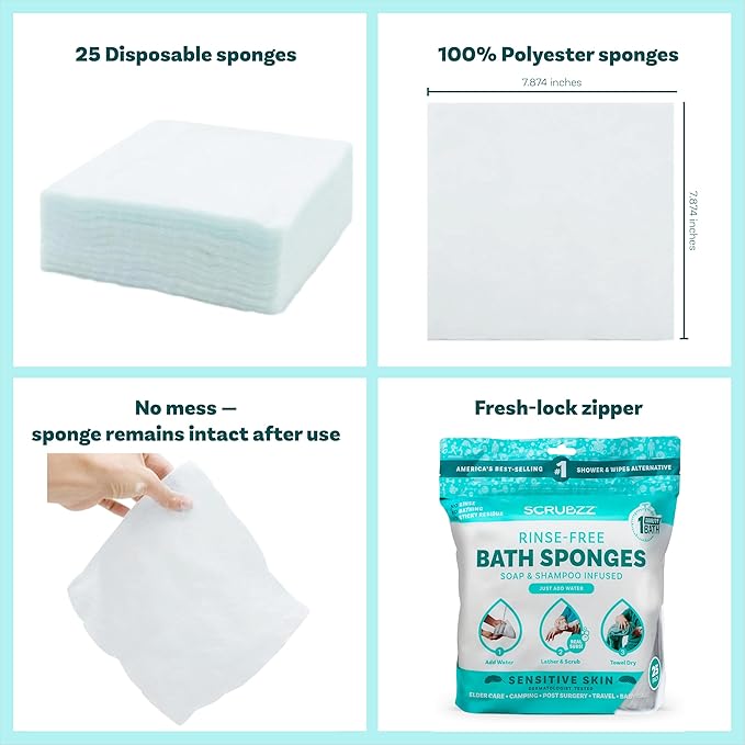 Scrubzz Disposable No Rinse Bathing Wipes for Sensitive Skin - All-in-1 Single Use Shower Wipes, Simply Dampen, Lather, and Dry Without Shampoo or Rinsing (Sensitive Skin, 8-Pack)