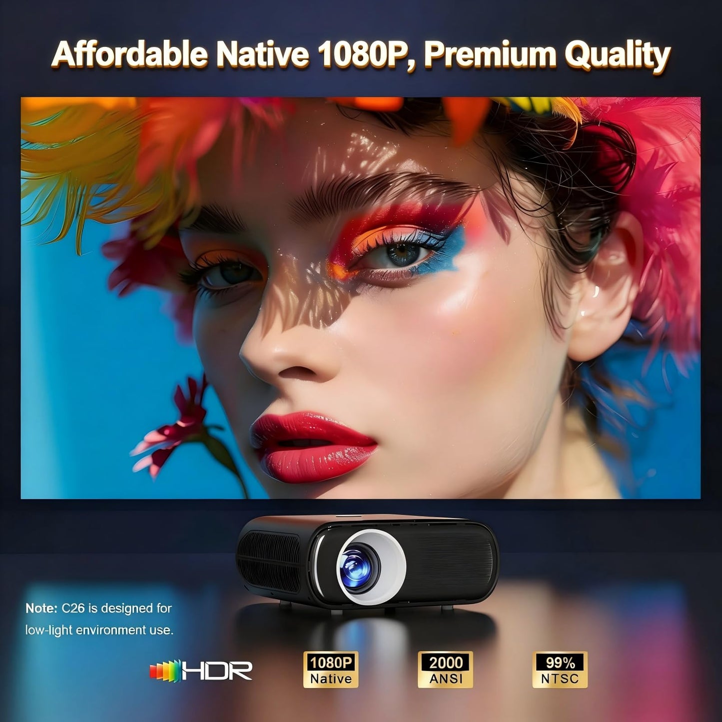 [2000ANSI/GoogIe TV/Built-in Apps] All-in-One Smart Projector with Wifi and Bluetooth, Goiaey C26 Mini Projector, HDMI ARC CEC GoogIe Voice, DoIby Audio, Zoom Native 1080P 4K Supported Movie Proyector
