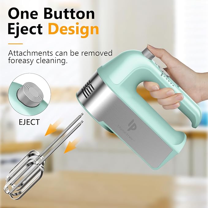 Hand Mixer Electric, 450W Kitchen Mixers with Scale Cup Storage Case, Turbo Boost/Self-Control Speed + 5 Speed + Eject Button + 5 Stainless Steel Accessories, For Easy Whipping Dough, Cream, Green