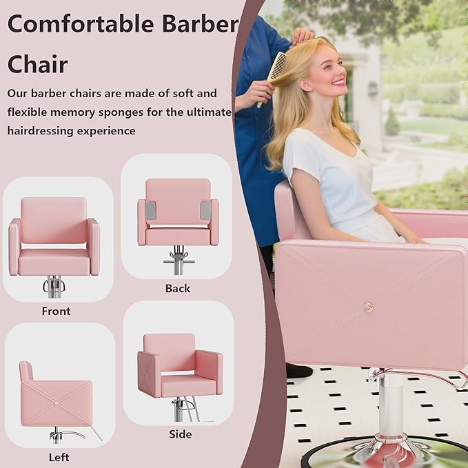 Barber Salon Chairs for Hair Stylist, Height Adjustable Hydraulic Salon Chair, 360 Degrees Rotation, Multi-Function Shampoo Chair for Home Barbershop, Pink