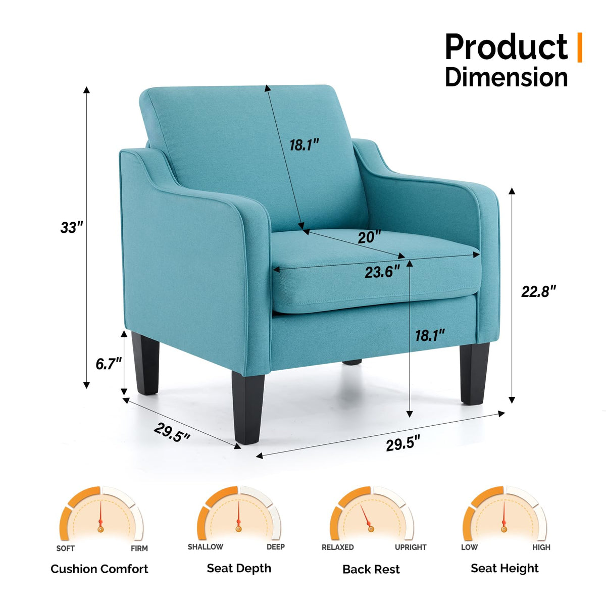 VINGLI Accent Chairs Set of 2 Living Room Chairs Teal Blue Reading Chair for Bedroom Scooped Arm Chair Mid Century Modern Accent Chairs Upholstered Comfy Chair for Apartment, Waiting Room