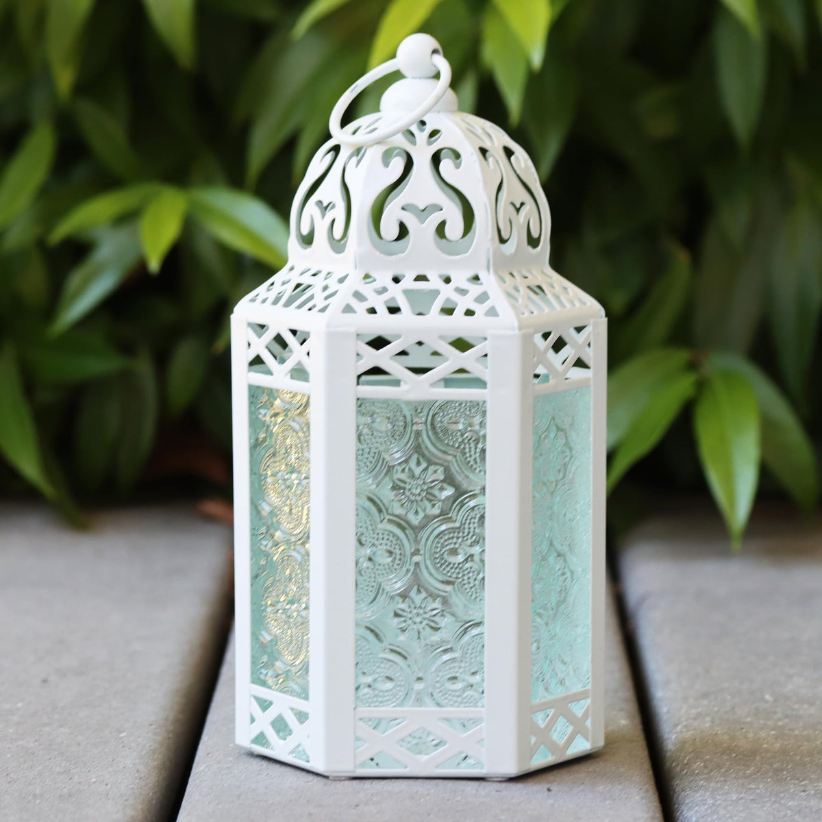 VELA LANTERNS 8.5" Small White Metal Decorative Moroccan Lantern Candle Holder Lamp - Indoor/Outdoor, Home Decor, Patio, Weddings, Ramadan Decor
