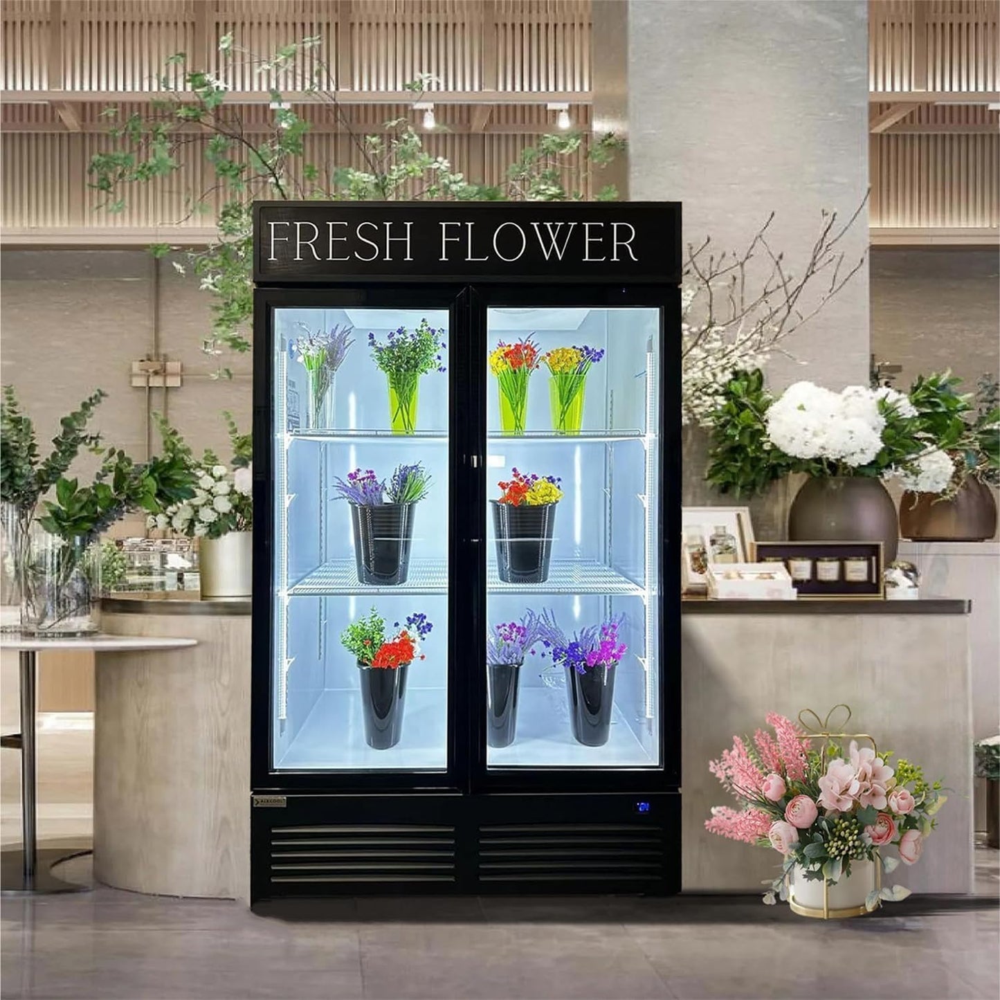 NAFCOOL Commercial Flower Beverage Refrigerator Floral Display Fridge,Two Glass Door Drink Cooler with LED Light Adjustable Shelves,ETL Sanitation,43 Cu Ft,47" Wide,Wheels Not Included