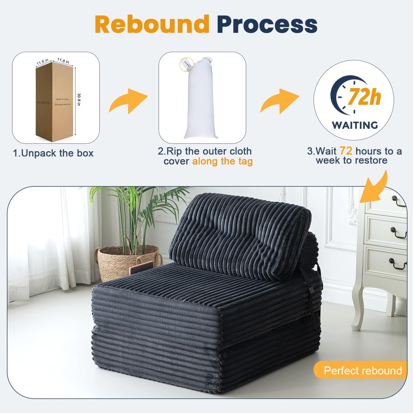Domiqut 3 in 1 Folding Sofa Bed, Convertible Sleeper Chair with Pillow, Chair Bed with Back Support, Couches for Living Room, Foam Floor Mattress with Cushion, Single Size, Dark Grey