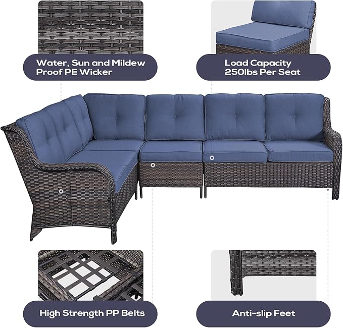 Belord Outdoor Furniture Sectional Sofa L Shaped Couch - Patio Wicker Set with 2 Swivel Glider Chairs, 8 Piece Rattan Patio Conversation Sets with Blue Cushion for Deck Backyard Sunroom