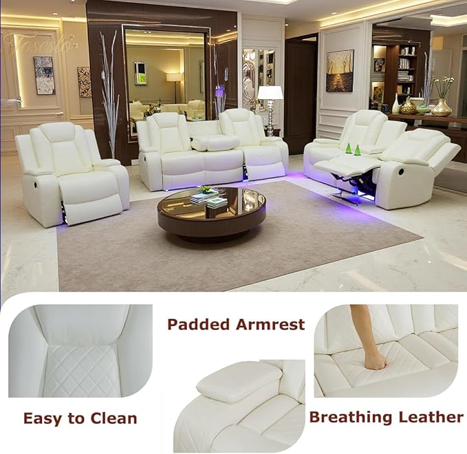 Toseslo Living Room Furniture Sets, Power Recliner Sofa Set with LED Light, Black Leather Sofa and 2 Chairs Set, Modern Power Reclining Sets with Storage Console for House,Creamy White