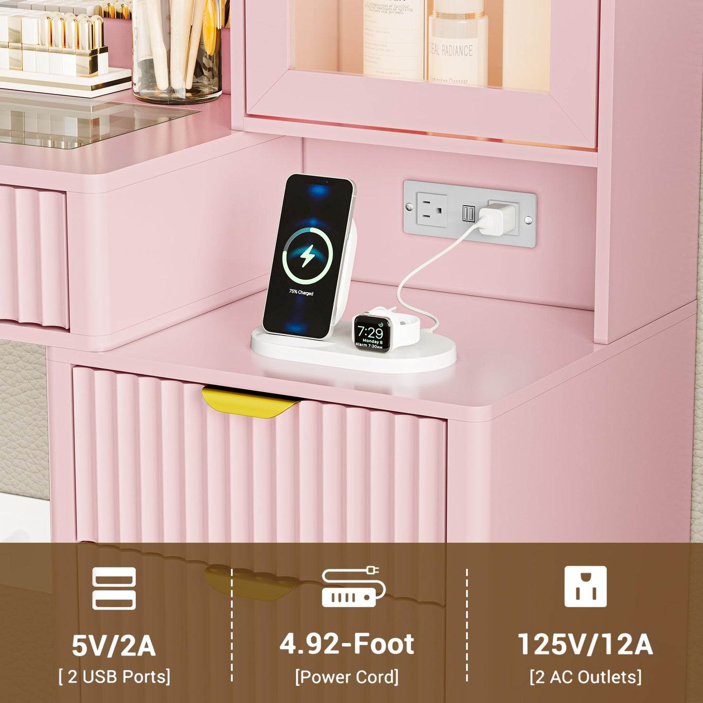 Fluted Vanity Desk with Mirror and Lights, 45" Pink Makeup Vanity Desk with Lights &5 Drawers, Glass Top Makeup Table with Lighted Mirror and RGB Cabinet,Dressing Table with Power Outlet for Bedroom
