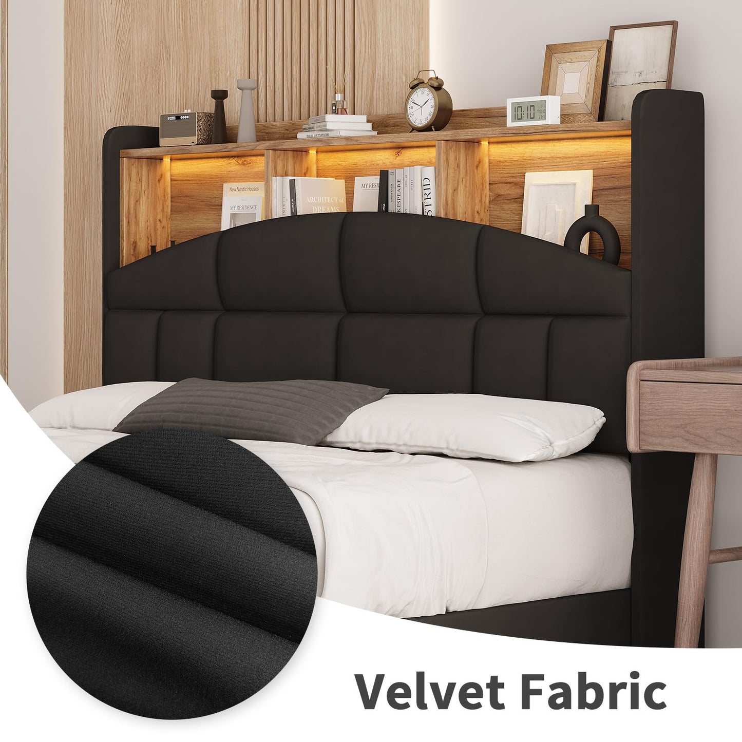 REVOMINCA Queen Bed Frame with Headboard and LED Lights, Velvet Upholstered Bed Frame with Wooden Slats Support, No Box Spring Needed, No Noise, Black
