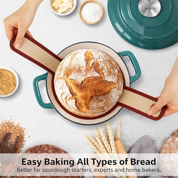 Davivy 5.5QT Enameled Cast Iron Dutch Oven with Lid, Dutch Oven for Sourdough Bread, 10" Round Sourdough Bread Oven, Bread Cloche for Bread Baking, with Silicone Bread Sling - Gradient Teal