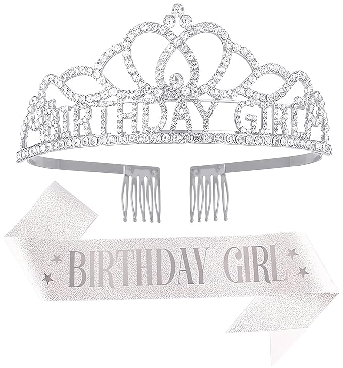 Papoopy Birthday Tiara and Crown with Sash for Women, Hair Accessories for Wedding Party Costume (A1 - Silver)