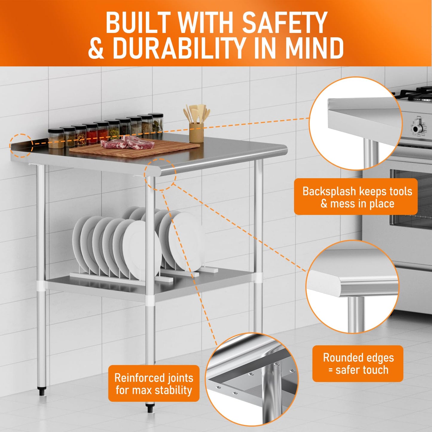HOCCOT Stainless Steel Table for Prep & Work 30" X 30" inches with Adjustable Undershelf and Backsplash, Commercial Workstations, Utility Table in Kitchen Garage Outdoor BBQ