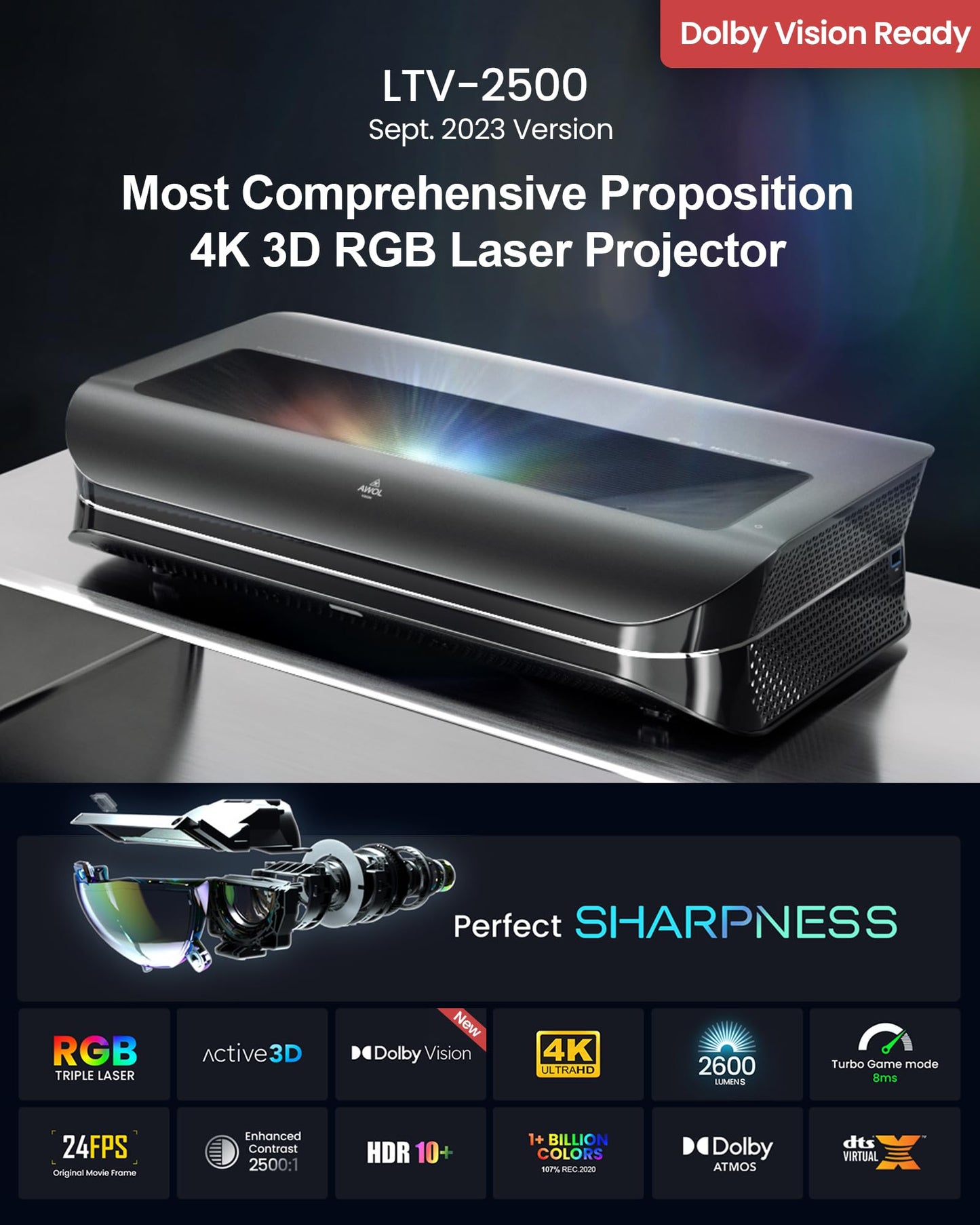 AWOL VISION LTV-2500 4K UHD Ultra Short Throw Triple Laser Projector with Dolby Vision & Atmos, Active 3D, 150", HDR10+, UST Laser TV Projector (Fire TV Stick 4K Max included)