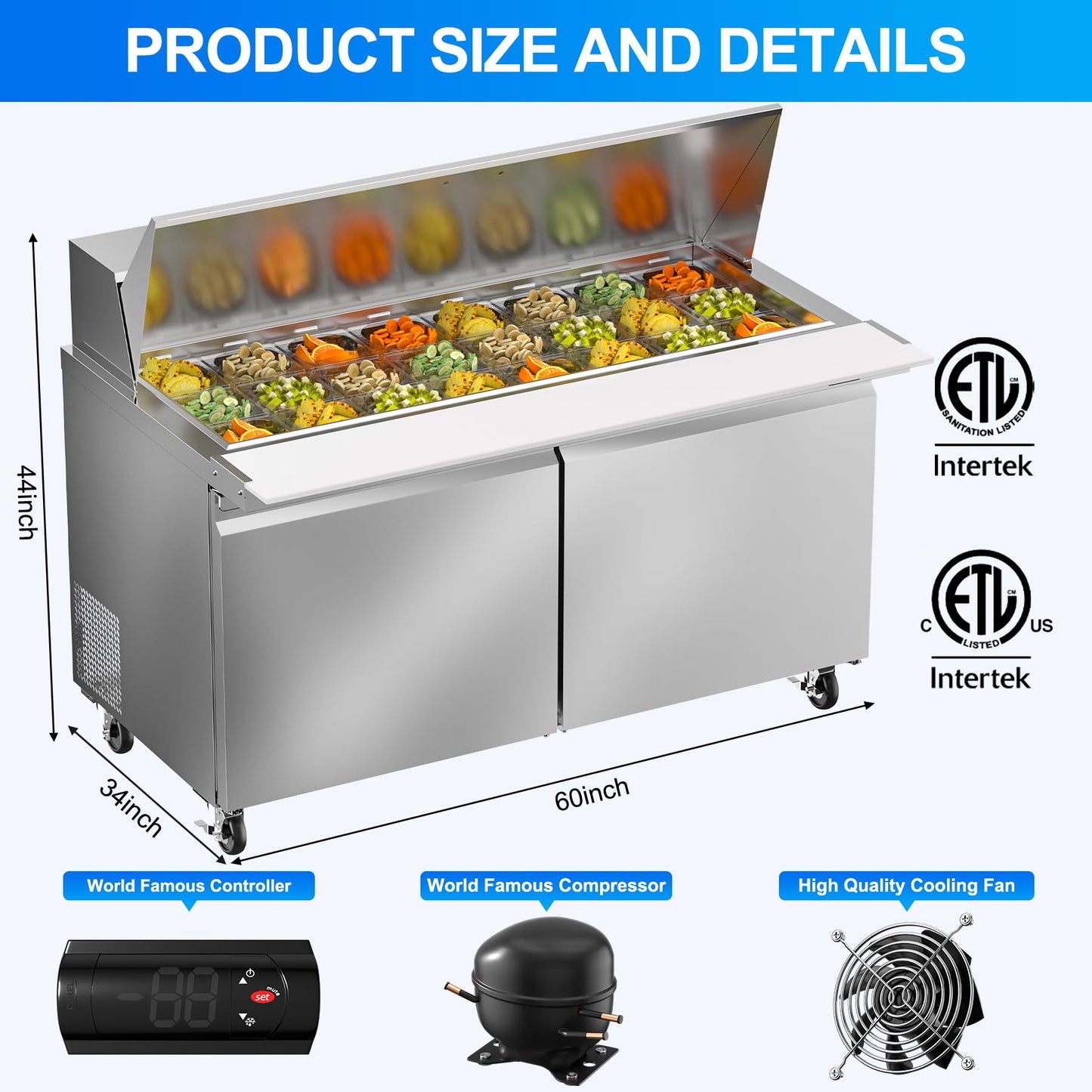 Rockitch 60" W Commercial Refrigerator Sandwich Salad Prep Table, 17.8 Cu.ft 2 Door Commercial Stainless Steel Mega Top Food Prep Fridge with 24 Pans, Salad Prep Station for Restaurant, Bar, Shop