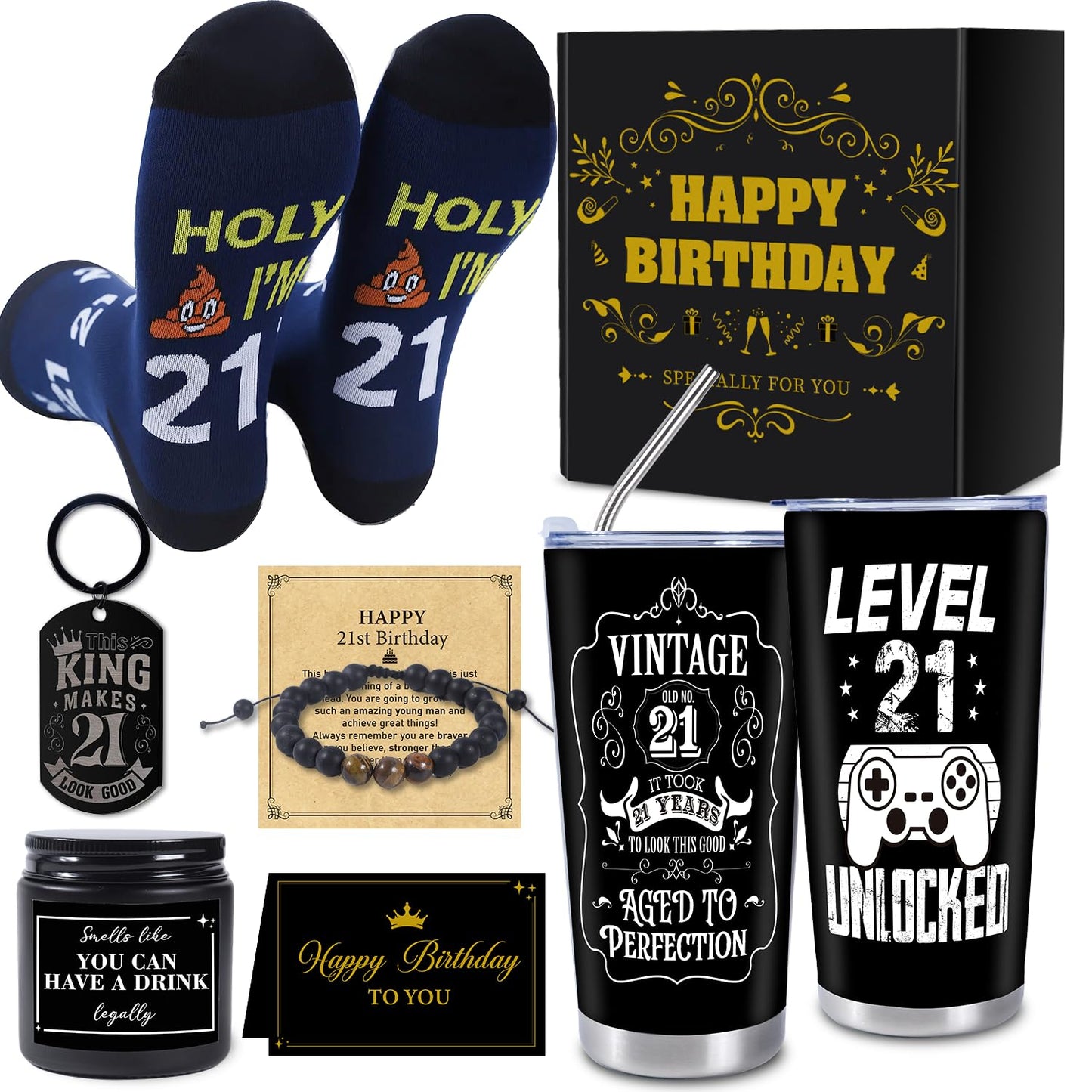 Keluna 21st Birthday Gifts for Him - 6Pcs 21 Year Old Male Birthday Gifts Ideas, 20oz Tumbler, Funny Socks, Keychain, Bracelets, Candles, 21st Presents for Son Grandson Nephew Brother from Mom Dad