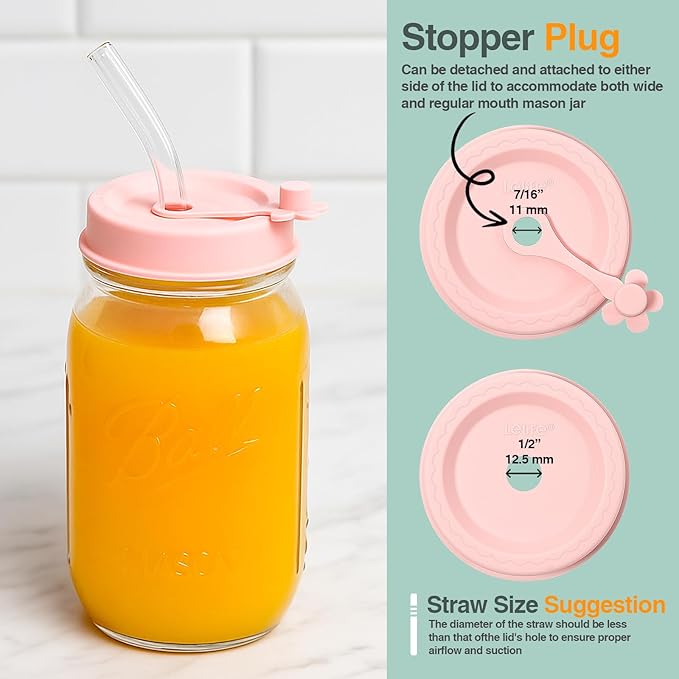 Silicone Mason Jar Lids, Regular and Wide Mouth Compatible, with Straw Hole and Stopper (Assorted Colors 8PCS)