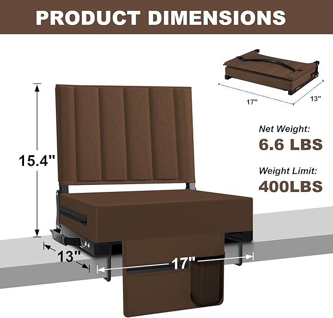 Aliphon Stadium Seat for Bleachers with Back Support and Cushion, Bleacher Seats with Shoulder Strap and Cup Holder, Padded Portable Folding Comfort Stadium Chair, for Sports Events, Brown (1pcs)