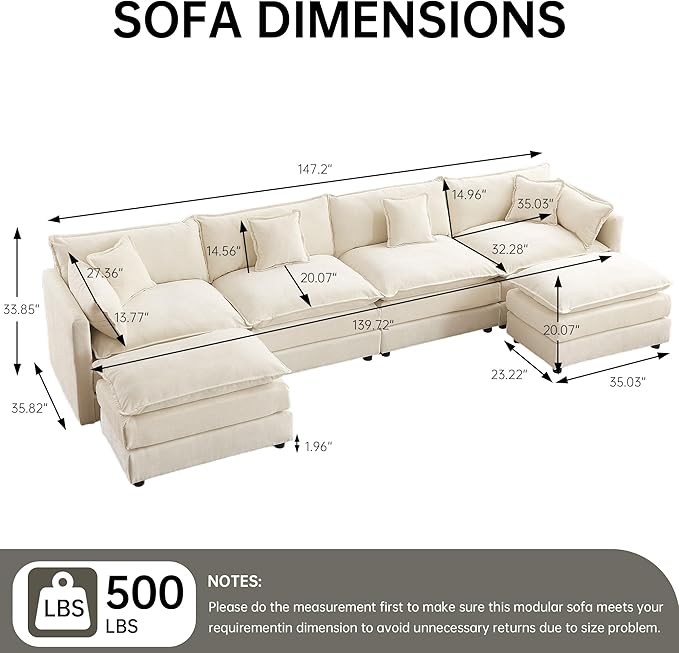 saows Modular Sectional Sofa, 147.2 Inch U Shaped Couch Set with Armrests, 4-Seater Comfy Cloud Couches with Movable Ottoman for Living Room Apartment, Beige