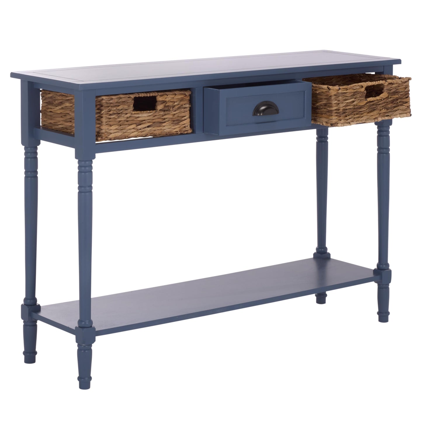SAFAVIEH Home Collection - Christa Entryway Console Table, Blue Solid Wood 3-Drawer Storage Sofa Table with Rattan Baskets (AMH5737H)