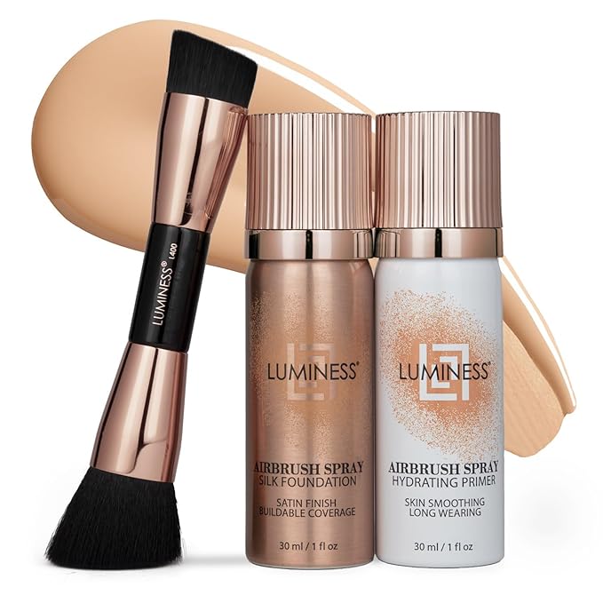 LUMINESS Silk Airbrush Spray Foundation 3-PC Kit - Foundation, Primer & Dual-Sided Angled Makeup Brush - Buildable Coverage, Anti-Aging Formula, Humidity Resistant, Hydrates & Moisturizes, Fair