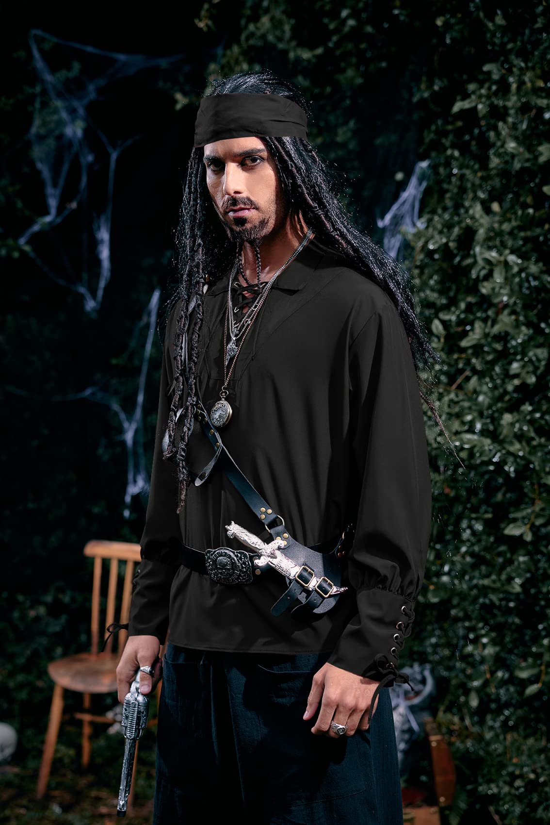 Karlywindow Mens Medieval Pirate Shirts Lace Up Scottish Mercenary Halloween Costume Shirt Tops Black