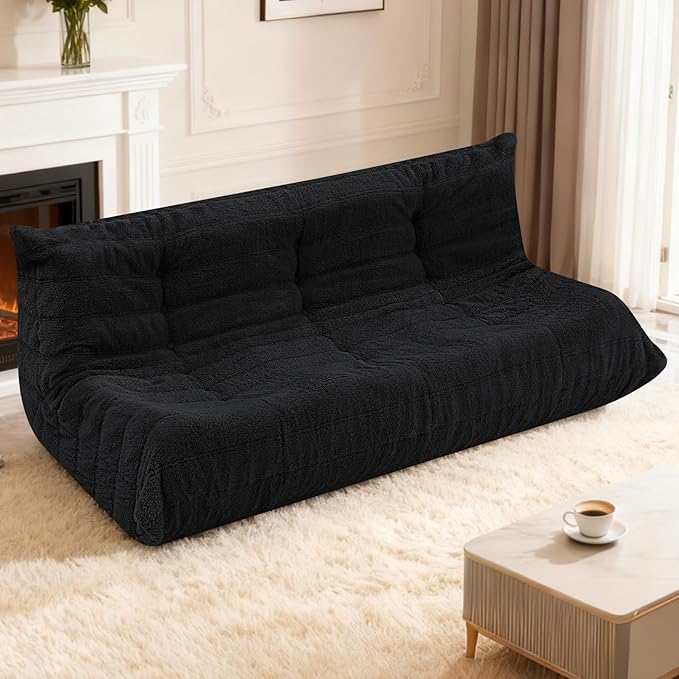 HABUTWAY Bean Bag Chairs Fireside Lazy Floor Sofa, Soft Teddy Fleece 3 Seater Sofa with High-Resilience Foam Filling，Beanbag for Living Room, Bedroom, Office (Black Teddy)