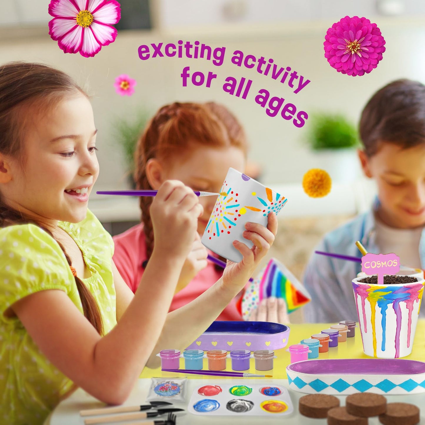 Tekoly 4 Set Paint & Plant Flower Gardening Kit - Gifts for Girls Ages 8-12, Arts and Crafts for Kids Ages 8-12, Kids Gardening Set, Birthday Toys Gifts for Girls Boys Ages 6 7 8 9 10 11 12