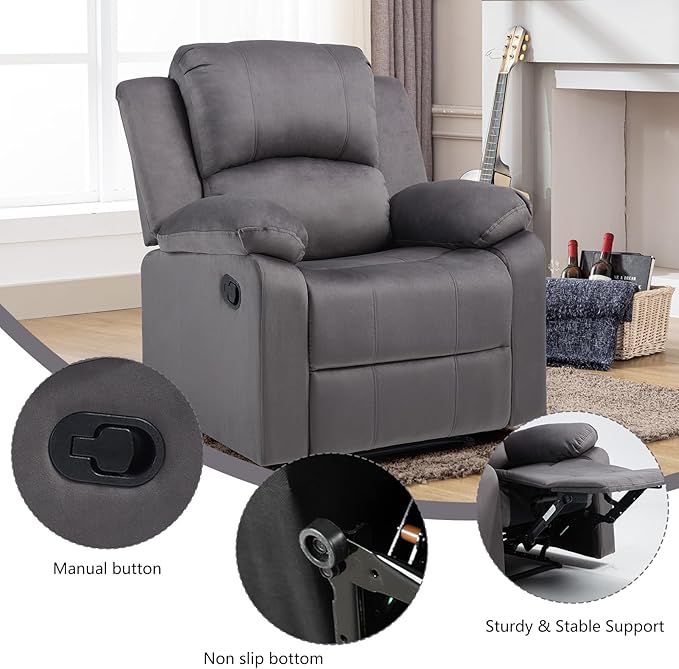 CANMOV Manual Recliner Chair Set of 2, Soft Fabric Overstuffed Recliner Single Sofa Chair for Living Room Bedroom, Heavy Duty and Safety Reclining Mechanism, Dark Grey
