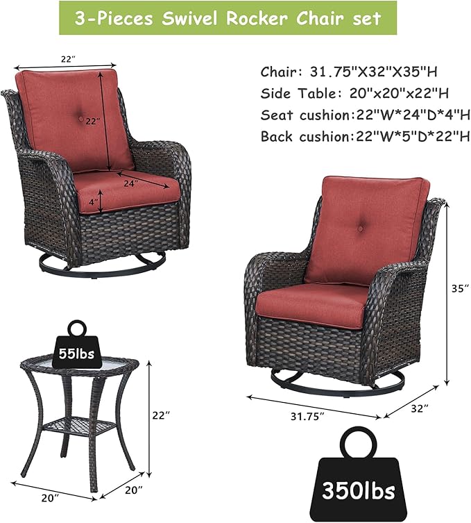 Rilyson Patio Chairs Rocking Swivel Chiar - 3 Piece Outdoor Wicker Patio Bistro Set Rattan Rocker Glider Chairs with High Back and Deep Seating for Outside Porch Deck Garden(Brown/Red)