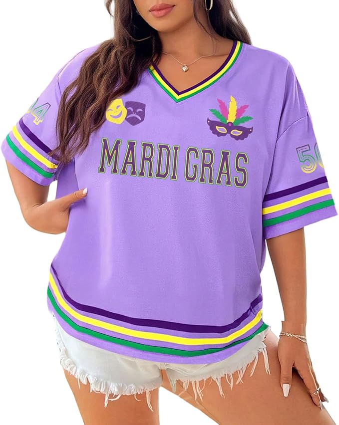 NANYUAYA Women's Plus Size Mardi Gras Oversized Shirt Fat Tuesday Carnival Top V Neck Festival Short Sleeve Party Tee