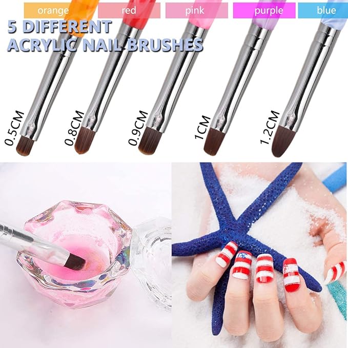 9Pcs Nail Art Brushes Dappen Dish Set for Monomer Acrylic Nail Liquid Powder: 2 Dappen Dish for Acrylics Nails with Lid & 2 Glass Nails Cup Crystal Monomer Dishs & 5 Acrylic Nail Brush