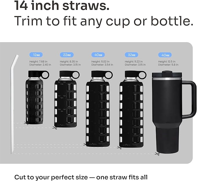 purifyou 14in Platinum Silicone Straws, Extra Long & Wide for 40oz Tumblers from Stanley, Reduce, Yeti & More, Reusable Smoothie Straws with Travel Case & 2 Cleaning Brushes (Set of 8, White)