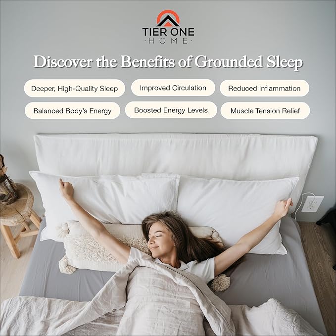 Tier One Home Fitted Grounding Sheets for Earthing, 5% Silver Fiber + 95% Certified Organic Cotton for Better Sleep and Pain Relief. Deep Pockets. Includes Grounding Wristband & Cords (King)