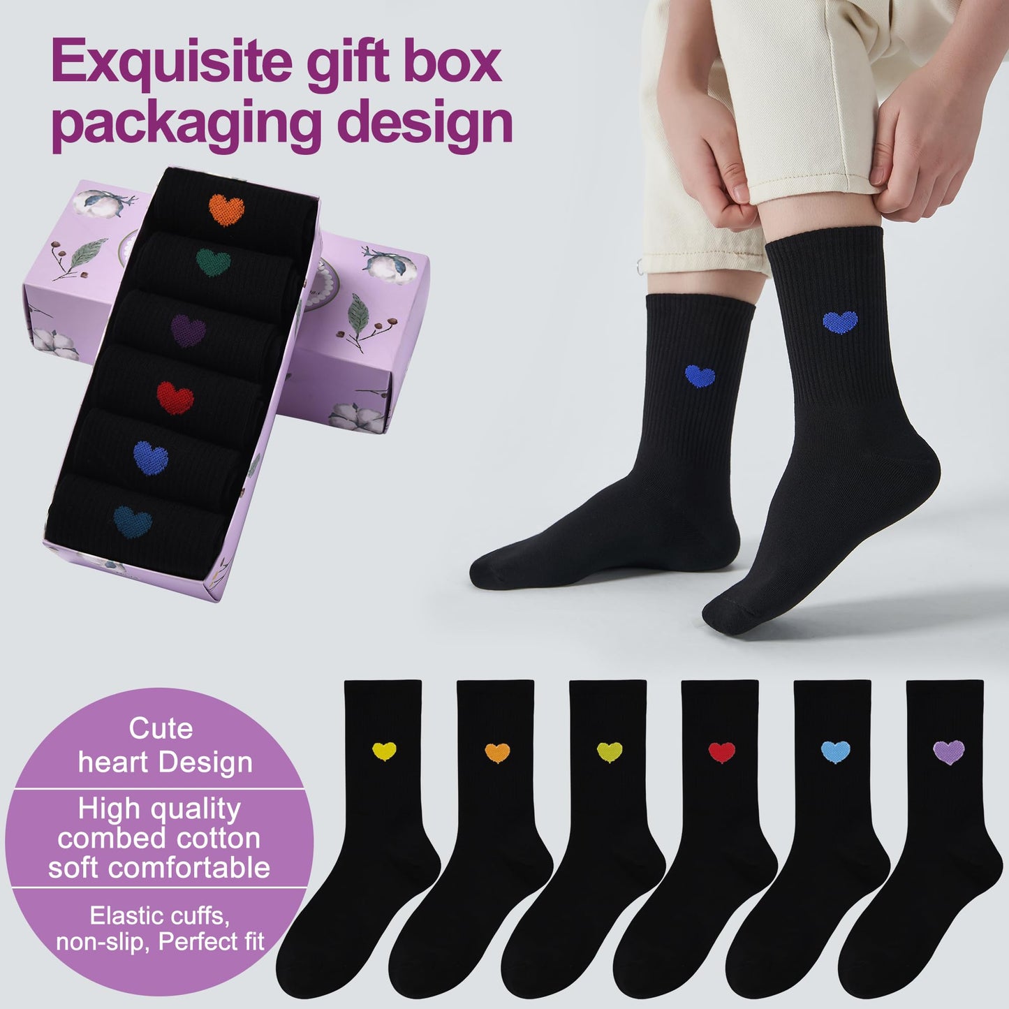 inhees Women's Cute Heart Crew Socks - 6 Pairs Cotton Novelty Casual Athletic Aesthetic Socks (Gift box)