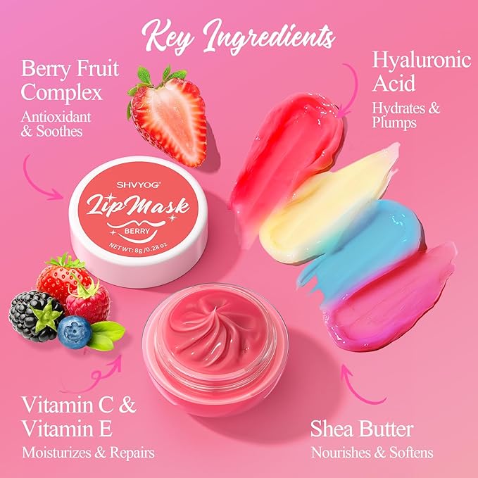 4 Pack Lip Mask Set, Lip Sleeping Mask Hydrating Repair for Chapped, Dry Lips - Berry, Grape, Mint, Vanilla Flavors, Overnight Lip Mask with Vitamin C & Shea Butter