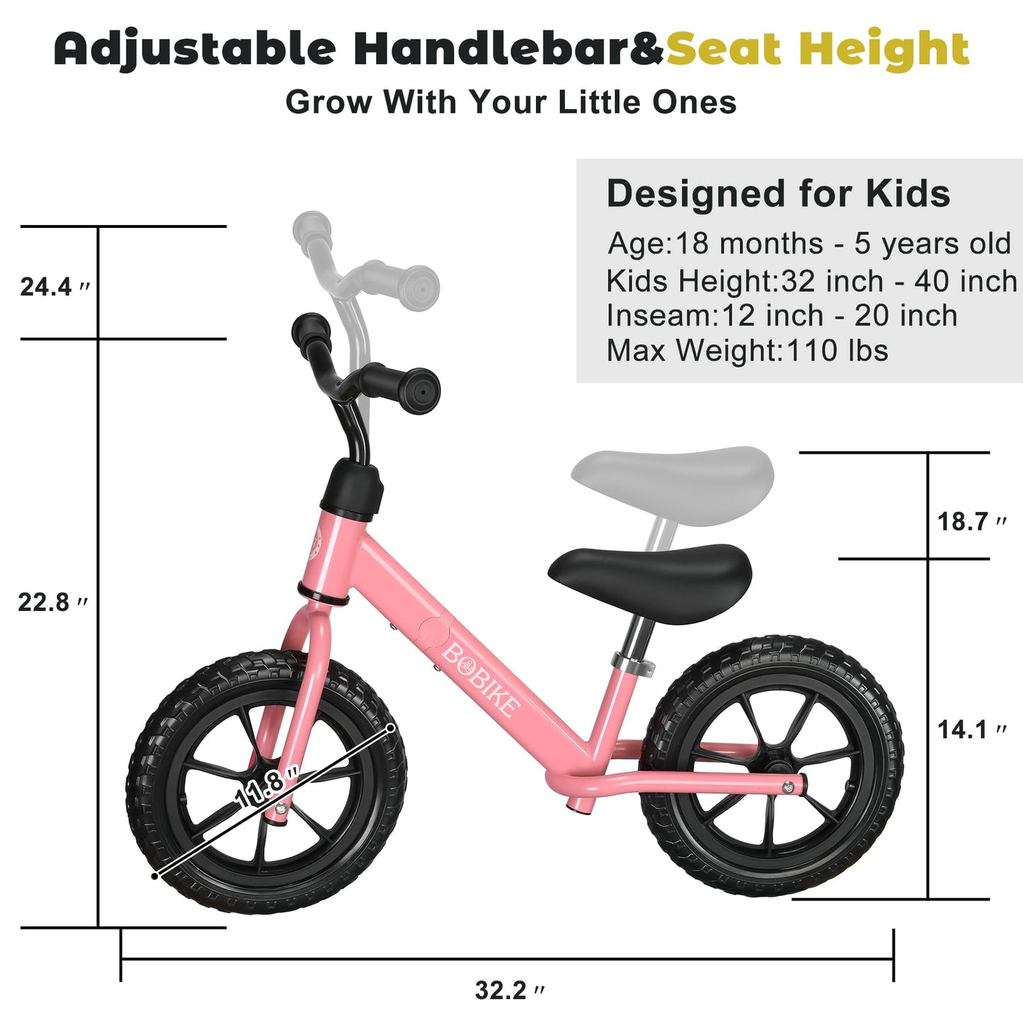 Bobike Toddler Balance Bike Toys for 2 to 5 Year Old Girls Boys Adjustable Seat and Handlebar No-Pedal Training Bike Best Gifts for Kids (Pink)