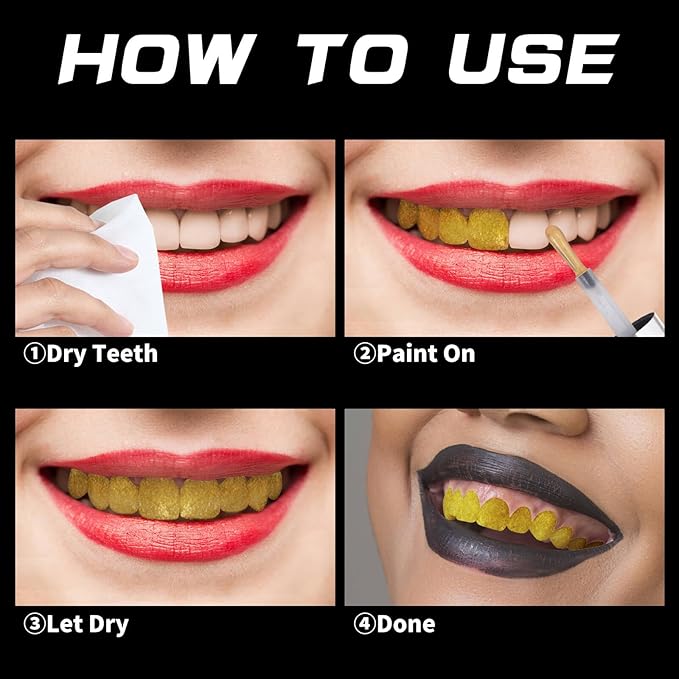 MEICOLY Gold Tooth Paint,Rotten Decayed Cruddy Missing Teeth Makeup,Professional Cosplay Teeth,Temporary Teeth Paint for Halloween SFX Special Effects Makeup,Dry Fast,Safe for Mouth,Long Lasting