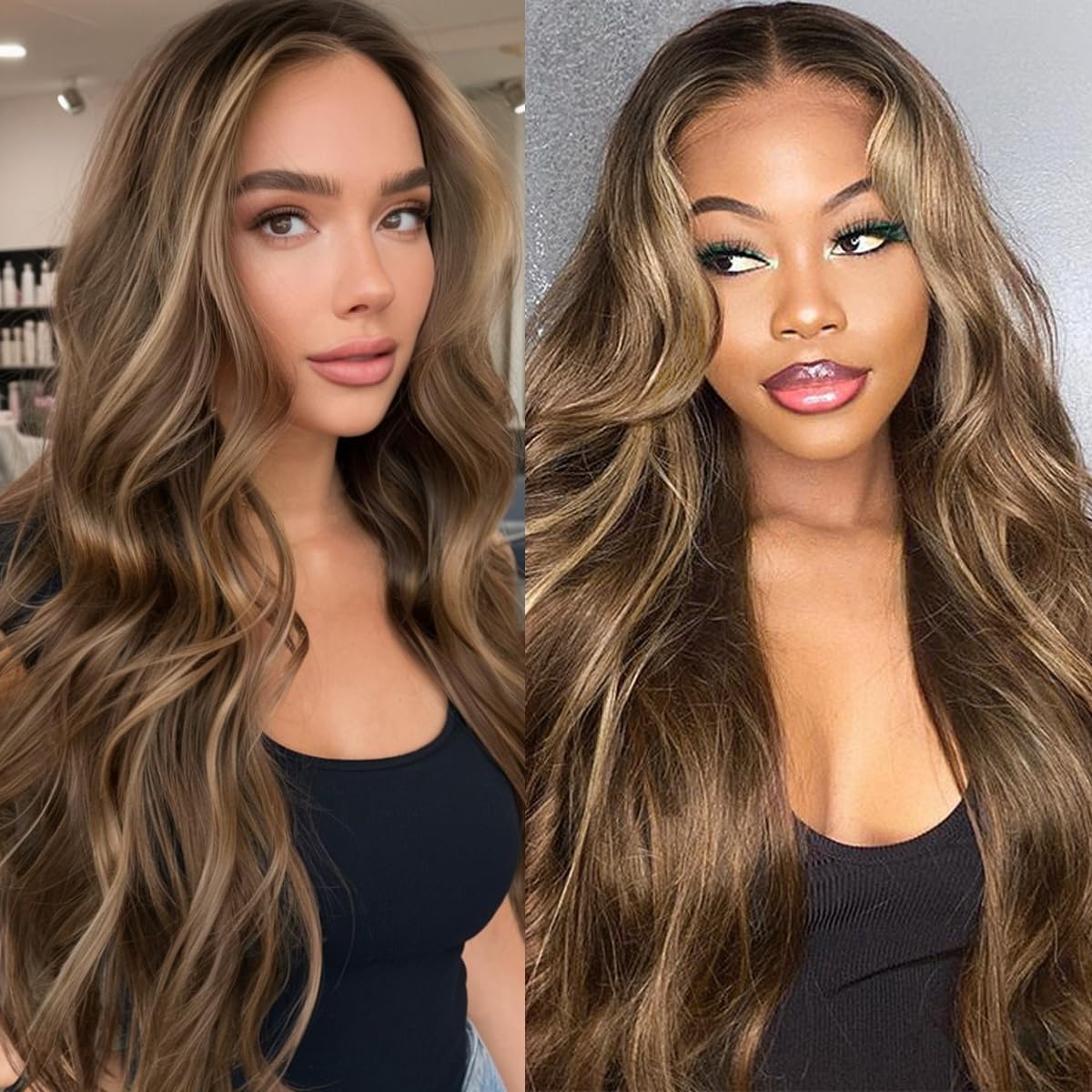 BABEHERS Highlight Brown Lace Front Wig for Women 13x4 Body Wave Synthetic Wigs Pre-plucked Long Wavy 150% Density Heat Resistan