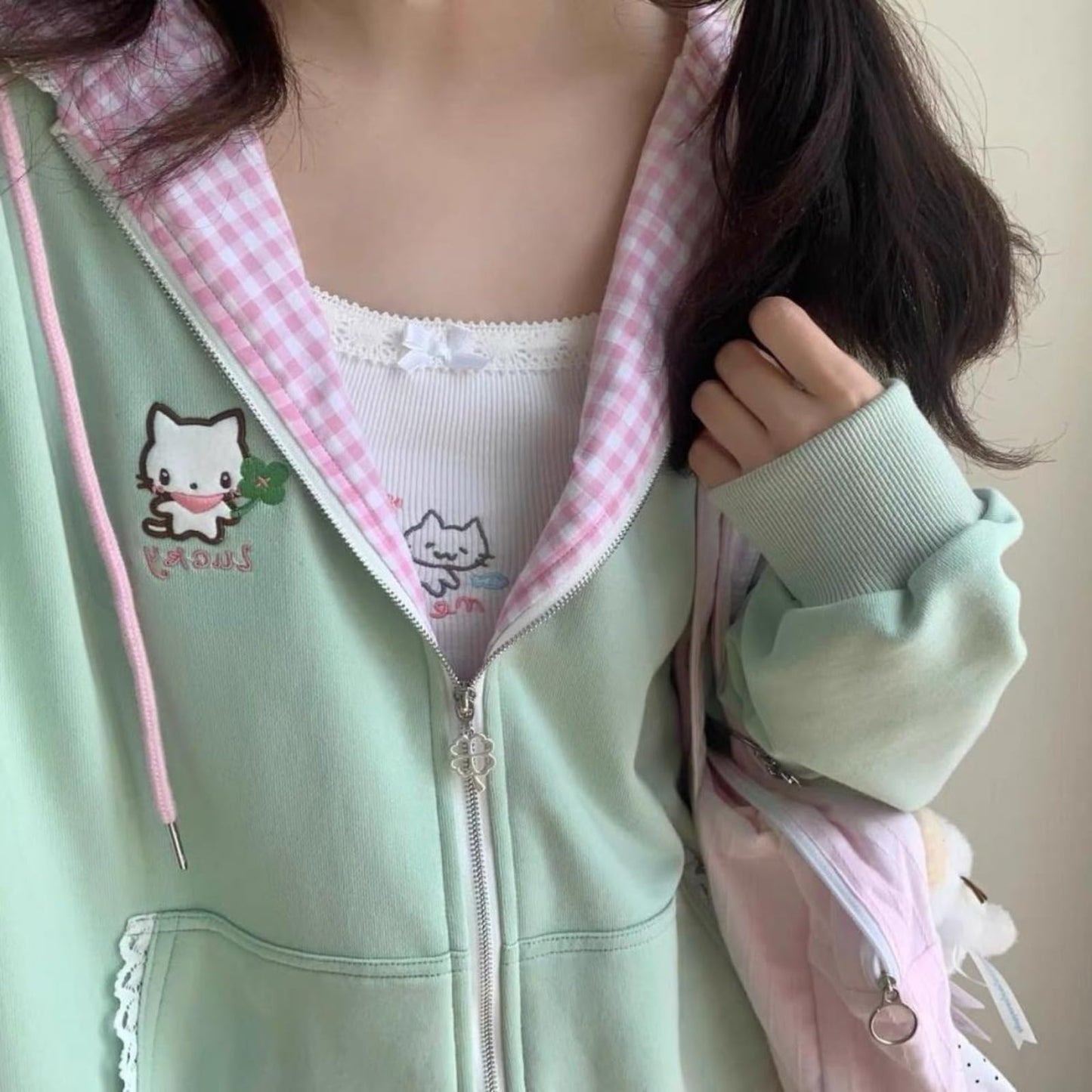 Pokn Y2K Jojifuku Cutecore Kawaii Hoodie Clothes Women Long Sleeves Tops Graphic Cutecore Shoujo Clothes (Medium,Green1)